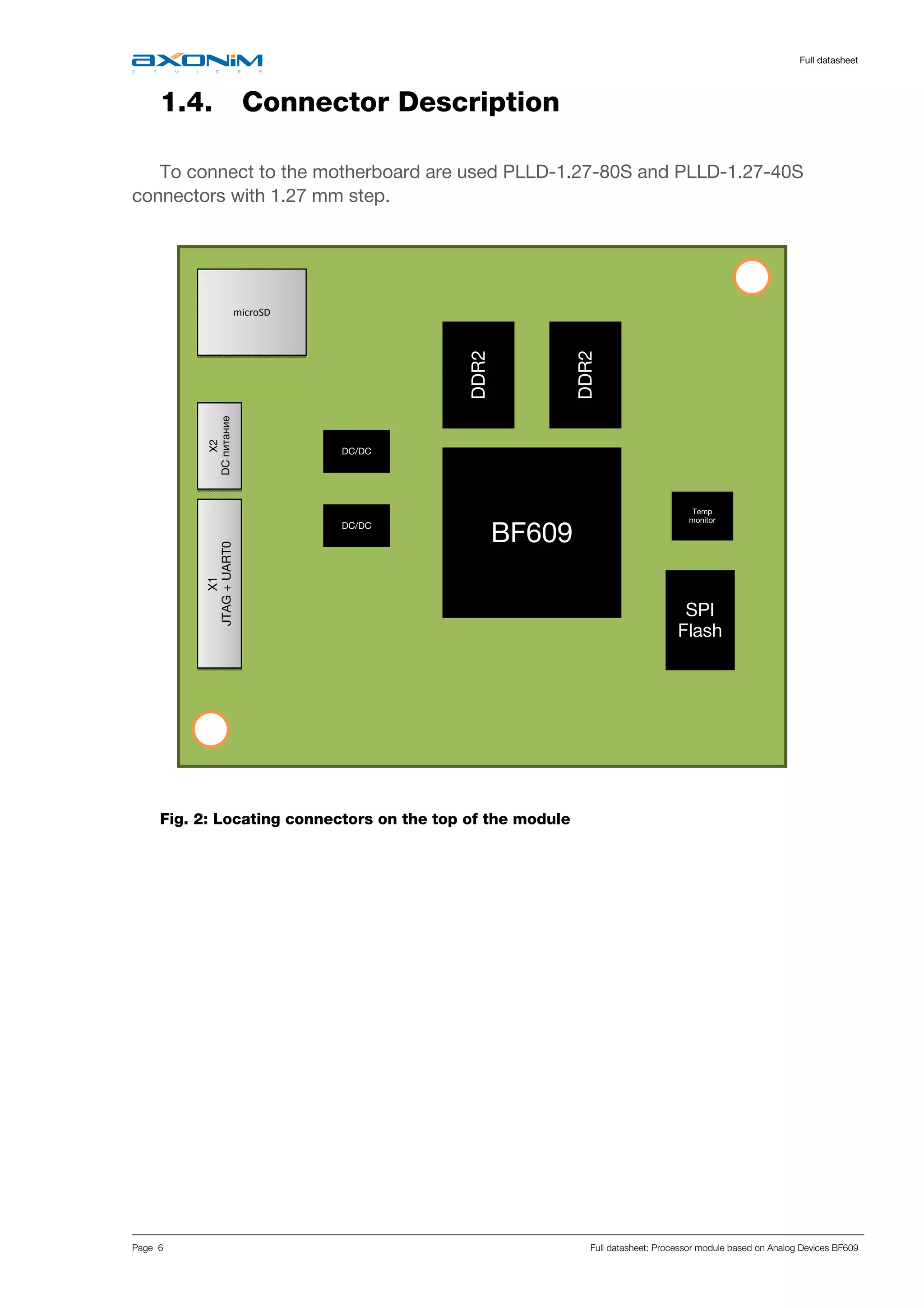     Full datasheet
Page 6 Full datasheet: Processor module based on Analog Devices BF609
1.4. Connector Description
To connect to the motherboard are used PLLD-1.27-80S and PLLD-1.27-40S
connectors with 1.27 mm step.
 
1.4.1. Физическое расположение разъёмов
 
 
 
 
 
 
 
 
 
 
 
 
Fig. 2: Locating connectors on the top of the module
   
BF609
DDR2
SPI
Flash
DC/DC
X2
DCпитание
X1
JTAG+UART0
DC/DC
Temp
monitor
microSD 
DDR2
 