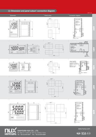 AX2AX3AX4AX7AX9
Dimension Panel cutout Connection diagram
(Unit : ㎜)
 Dimension and panel cutout / connection diagram
www.hynux.com
HANYOUNH NUX CO., LTD.
28, Gilpa-ro 71 beon-gil, Nam-gu, Incheon, Korea
Tel : +82-32-876-4697 Fax : +82-32-876-4696
 
