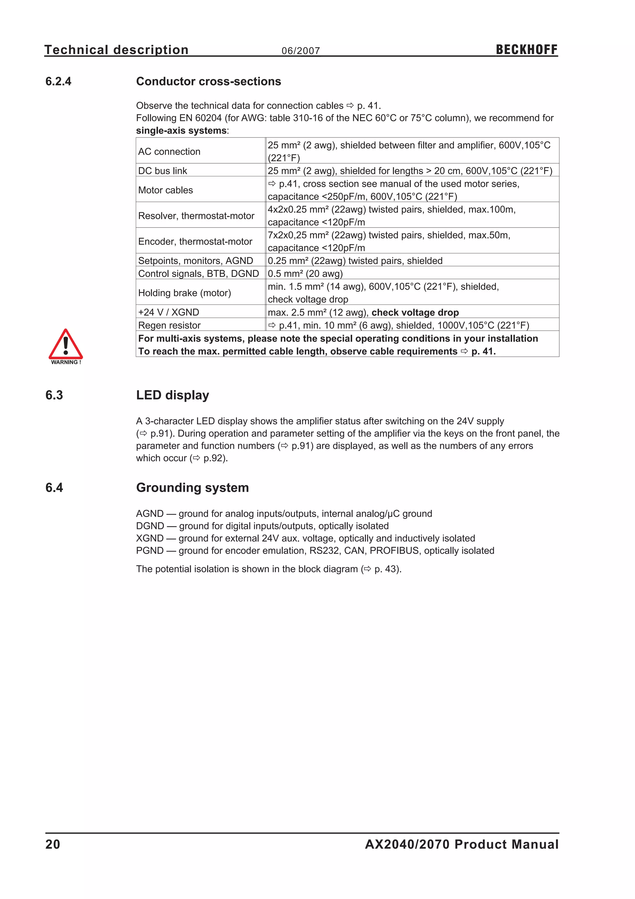Technical description                           06/2007                                            BECKHOFF

6.2.4        Conductor cross-sections

             Observe the technical data for connection cables ð p. 41.
             Following EN 60204 (for AWG: table 310-16 of the NEC 60°C or 75°C column), we recommend for
             single-axis systems:
                                         25 mm² (2 awg), shielded between filter and amplifier, 600V,105°C
             AC connection
                                         (221°F)
             DC bus link                 25 mm² (2 awg), shielded for lengths > 20 cm, 600V,105°C (221°F)
                                         ð p.41, cross section see manual of the used motor series,
             Motor cables
                                         capacitance <250pF/m, 600V,105°C (221°F)
                                         4x2x0.25 mm² (22awg) twisted pairs, shielded, max.100m,
             Resolver, thermostat-motor
                                         capacitance <120pF/m
                                         7x2x0,25 mm² (22awg) twisted pairs, shielded, max.50m,
             Encoder, thermostat-motor
                                         capacitance <120pF/m
             Setpoints, monitors, AGND   0.25 mm² (22awg) twisted pairs, shielded
             Control signals, BTB, DGND 0.5 mm² (20 awg)
                                         min. 1.5 mm² (14 awg), 600V,105°C (221°F), shielded,
             Holding brake (motor)
                                         check voltage drop
             +24 V / XGND                max. 2.5 mm² (12 awg), check voltage drop
             Regen resistor              ð p.41, min. 10 mm² (6 awg), shielded, 1000V,105°C (221°F)
             For multi-axis systems, please note the special operating conditions in your installation
             To reach the max. permitted cable length, observe cable requirements ð p. 41.



6.3          LED display
             A 3-character LED display shows the amplifier status after switching on the 24V supply
             (ð p.91). During operation and parameter setting of the amplifier via the keys on the front panel, the
             parameter and function numbers (ð p.91) are displayed, as well as the numbers of any errors
             which occur (ð p.92).


6.4          Grounding system
             AGND — ground for analog inputs/outputs, internal analog/µC ground
             DGND — ground for digital inputs/outputs, optically isolated
             XGND — ground for external 24V aux. voltage, optically and inductively isolated
             PGND — ground for encoder emulation, RS232, CAN, PROFIBUS, optically isolated
             The potential isolation is shown in the block diagram (ð p. 43).




20                                                                  AX2040/2070 Product Manual
 