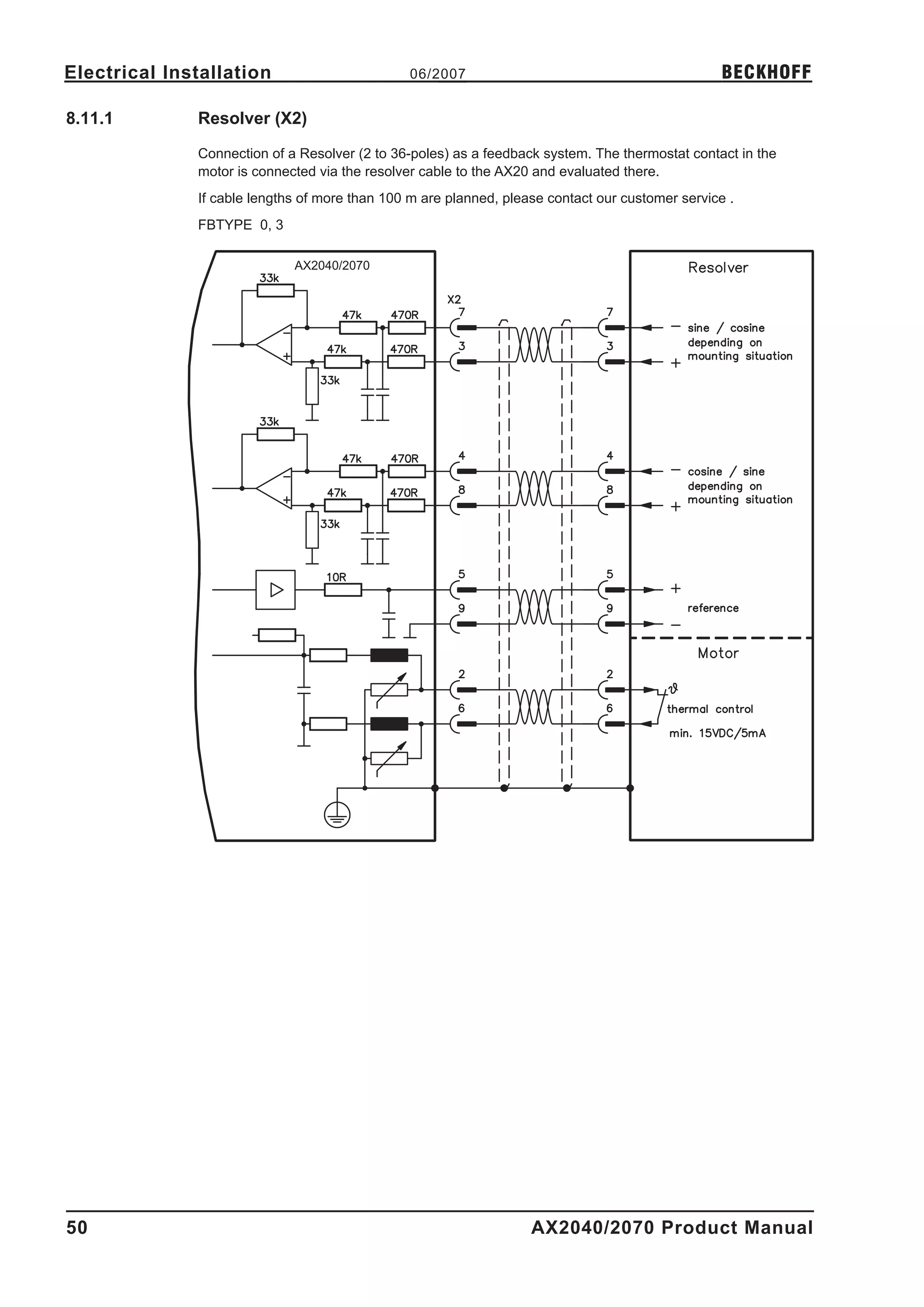 Electrical Installation                         06/2007                                           BECKHOFF

8.11.1        Resolver (X2)

              Connection of a Resolver (2 to 36-poles) as a feedback system. The thermostat contact in the
              motor is connected via the resolver cable to the AX20 and evaluated there.
              If cable lengths of more than 100 m are planned, please contact our customer service .
              FBTYPE 0, 3

                             AX2040/2070




50                                                                 AX2040/2070 Product Manual
 