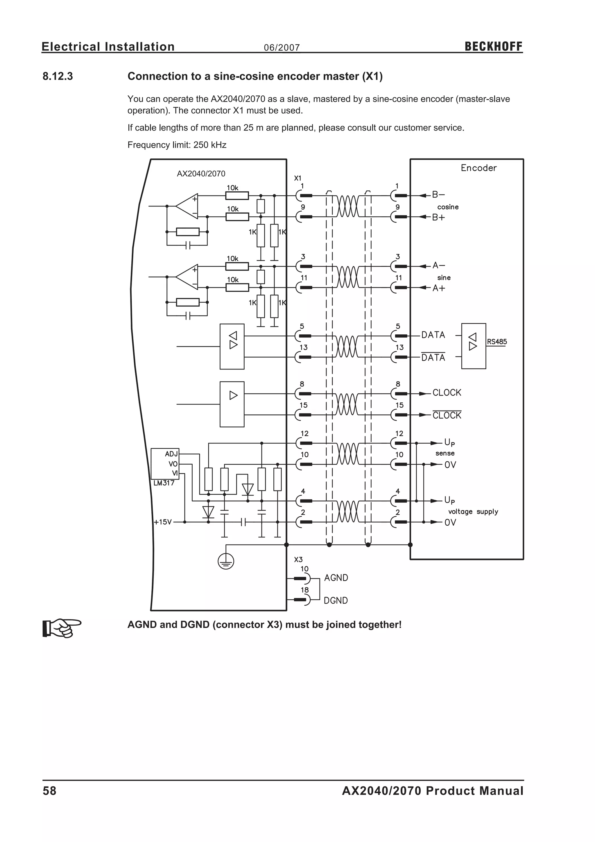 Electrical Installation                         06/2007                                              BECKHOFF

8.12.3        Connection to a sine-cosine encoder master (X1)

              You can operate the AX2040/2070 as a slave, mastered by a sine-cosine encoder (master-slave
              operation). The connector X1 must be used.
              If cable lengths of more than 25 m are planned, please consult our customer service.
              Frequency limit: 250 kHz


                          AX2040/2070




              AGND and DGND (connector X3) must be joined together!




58                                                                 AX2040/2070 Product Manual
 