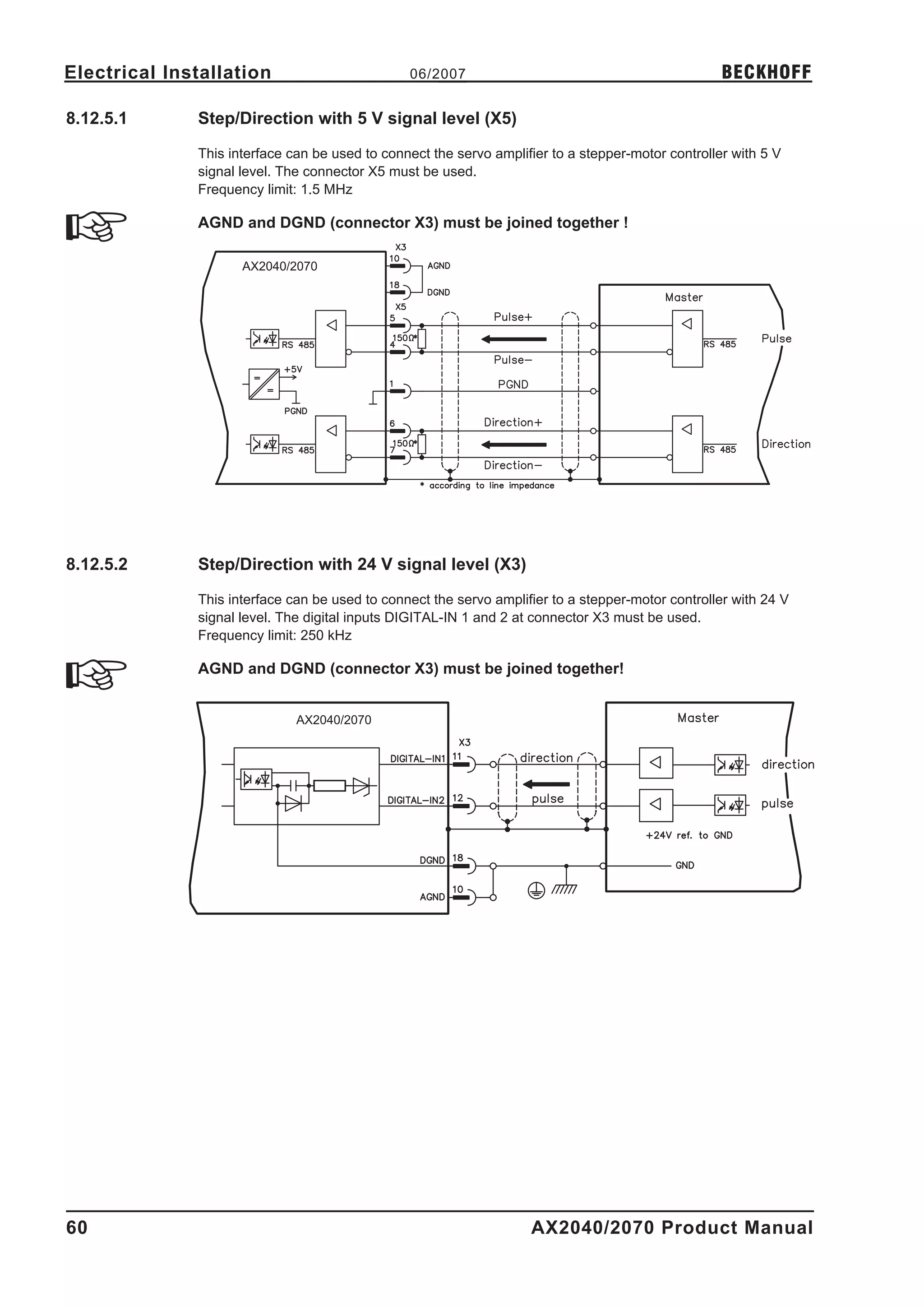 Electrical Installation                         06/2007                                             BECKHOFF

8.12.5.1      Step/Direction with 5 V signal level (X5)

              This interface can be used to connect the servo amplifier to a stepper-motor controller with 5 V
              signal level. The connector X5 must be used.
              Frequency limit: 1.5 MHz

              AGND and DGND (connector X3) must be joined together !

                     AX2040/2070




8.12.5.2      Step/Direction with 24 V signal level (X3)

              This interface can be used to connect the servo amplifier to a stepper-motor controller with 24 V
              signal level. The digital inputs DIGITAL-IN 1 and 2 at connector X3 must be used.
              Frequency limit: 250 kHz

              AGND and DGND (connector X3) must be joined together!


                              AX2040/2070




60                                                                  AX2040/2070 Product Manual
 