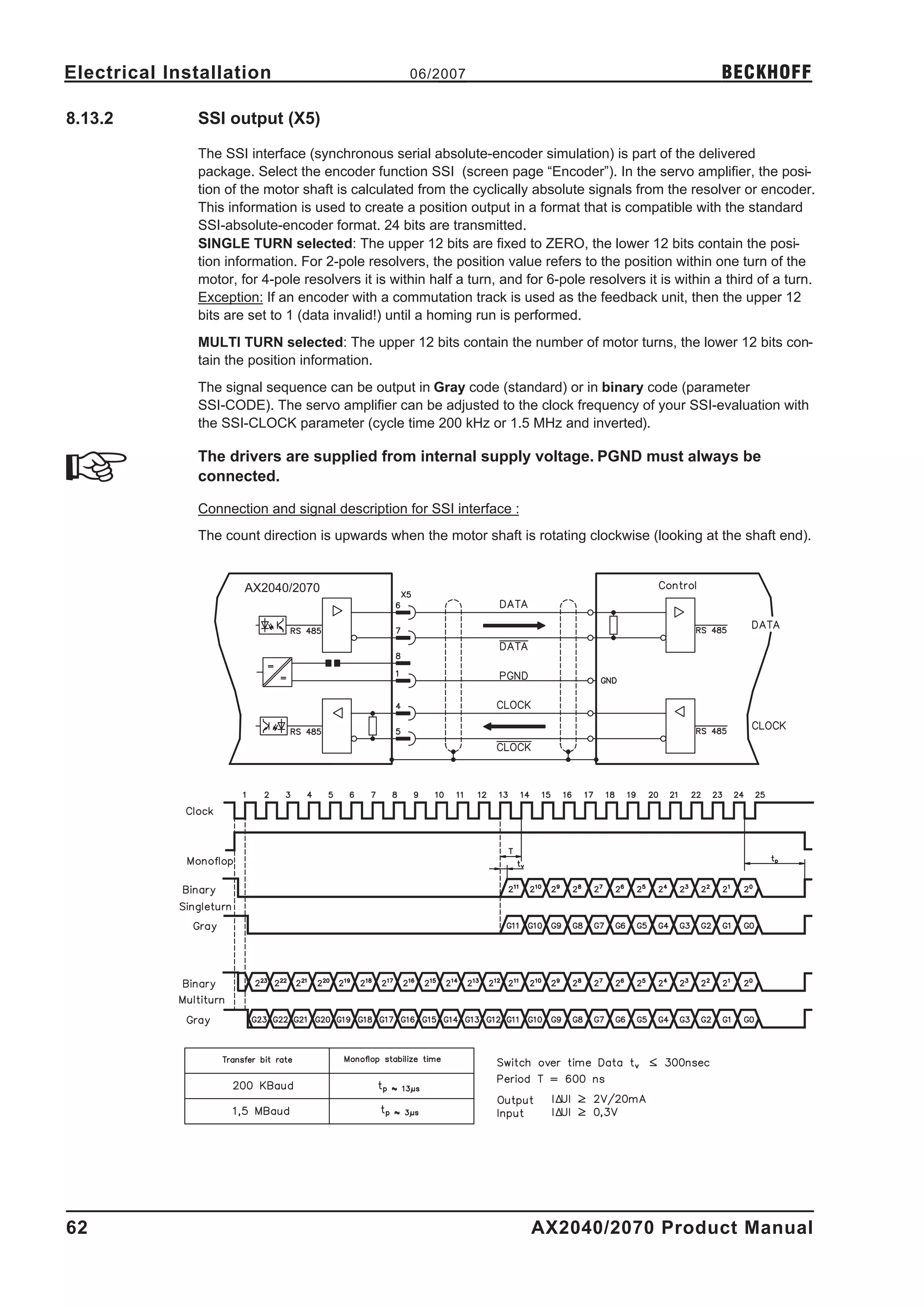 Electrical Installation                            06/2007                                                 BECKHOFF

8.13.2        SSI output (X5)

              The SSI interface (synchronous serial absolute-encoder simulation) is part of the delivered
              package. Select the encoder function SSI (screen page “Encoder”). In the servo amplifier, the posi-
              tion of the motor shaft is calculated from the cyclically absolute signals from the resolver or encoder.
              This information is used to create a position output in a format that is compatible with the standard
              SSI-absolute-encoder format. 24 bits are transmitted.
              SINGLE TURN selected: The upper 12 bits are fixed to ZERO, the lower 12 bits contain the posi-
              tion information. For 2-pole resolvers, the position value refers to the position within one turn of the
              motor, for 4-pole resolvers it is within half a turn, and for 6-pole resolvers it is within a third of a turn.
              Exception: If an encoder with a commutation track is used as the feedback unit, then the upper 12
              bits are set to 1 (data invalid!) until a homing run is performed.
              MULTI TURN selected: The upper 12 bits contain the number of motor turns, the lower 12 bits con-
              tain the position information.
              The signal sequence can be output in Gray code (standard) or in binary code (parameter
              SSI-CODE). The servo amplifier can be adjusted to the clock frequency of your SSI-evaluation with
              the SSI-CLOCK parameter (cycle time 200 kHz or 1.5 MHz and inverted).

              The drivers are supplied from internal supply voltage. PGND must always be
              connected.

              Connection and signal description for SSI interface :
              The count direction is upwards when the motor shaft is rotating clockwise (looking at the shaft end).


                      AX2040/2070




62                                                                       AX2040/2070 Product Manual
 