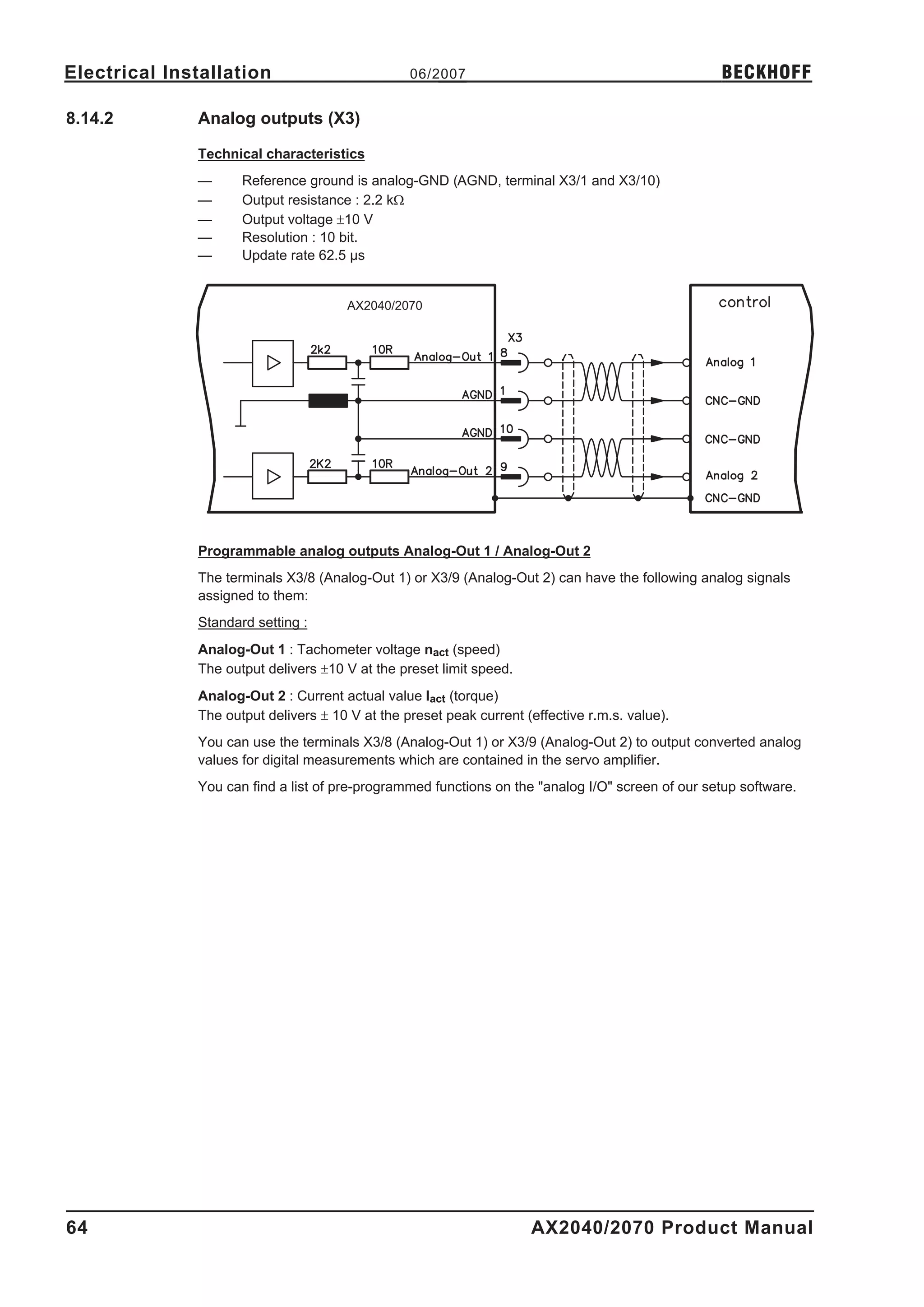 Electrical Installation                          06/2007                                          BECKHOFF

8.14.2        Analog outputs (X3)

              Technical characteristics
              —      Reference ground is analog-GND (AGND, terminal X3/1 and X3/10)
              —      Output resistance : 2.2 kW
              —      Output voltage ±10 V
              —      Resolution : 10 bit.
              —      Update rate 62.5 µs


                                       AX2040/2070




              Programmable analog outputs Analog-Out 1 / Analog-Out 2
              The terminals X3/8 (Analog-Out 1) or X3/9 (Analog-Out 2) can have the following analog signals
              assigned to them:
              Standard setting :
              Analog-Out 1 : Tachometer voltage nact (speed)
              The output delivers ±10 V at the preset limit speed.
              Analog-Out 2 : Current actual value Iact (torque)
              The output delivers ± 10 V at the preset peak current (effective r.m.s. value).
              You can use the terminals X3/8 (Analog-Out 1) or X3/9 (Analog-Out 2) to output converted analog
              values for digital measurements which are contained in the servo amplifier.
              You can find a list of pre-programmed functions on the "analog I/O" screen of our setup software.




64                                                                   AX2040/2070 Product Manual
 