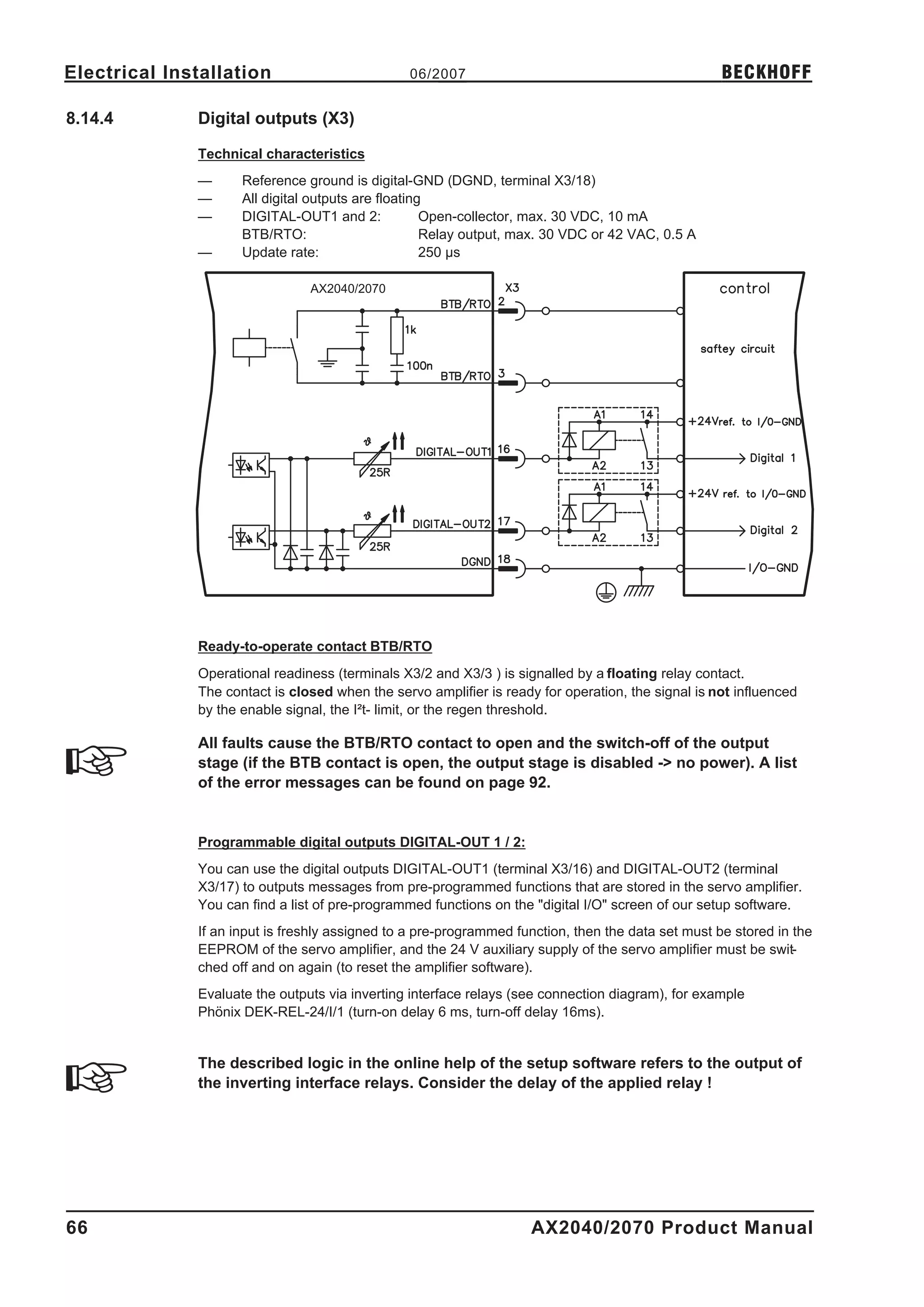 Electrical Installation                          06/2007                                            BECKHOFF

8.14.4        Digital outputs (X3)

              Technical characteristics
              —      Reference ground is digital-GND (DGND, terminal X3/18)
              —      All digital outputs are floating
              —      DIGITAL-OUT1 and 2:             Open-collector, max. 30 VDC, 10 mA
                     BTB/RTO:                        Relay output, max. 30 VDC or 42 VAC, 0.5 A
              —      Update rate:                    250 µs

                                AX2040/2070




              Ready-to-operate contact BTB/RTO
              Operational readiness (terminals X3/2 and X3/3 ) is signalled by a floating relay contact.
              The contact is closed when the servo amplifier is ready for operation, the signal is not influenced
              by the enable signal, the I²t- limit, or the regen threshold.

              All faults cause the BTB/RTO contact to open and the switch-off of the output
              stage (if the BTB contact is open, the output stage is disabled -> no power). A list
              of the error messages can be found on page 92.


              Programmable digital outputs DIGITAL-OUT 1 / 2:
              You can use the digital outputs DIGITAL-OUT1 (terminal X3/16) and DIGITAL-OUT2 (terminal
              X3/17) to outputs messages from pre-programmed functions that are stored in the servo amplifier.
              You can find a list of pre-programmed functions on the "digital I/O" screen of our setup software.
              If an input is freshly assigned to a pre-programmed function, then the data set must be stored in the
              EEPROM of the servo amplifier, and the 24 V auxiliary supply of the servo amplifier must be swit-
              ched off and on again (to reset the amplifier software).
              Evaluate the outputs via inverting interface relays (see connection diagram), for example
              Phönix DEK-REL-24/I/1 (turn-on delay 6 ms, turn-off delay 16ms).


              The described logic in the online help of the setup software refers to the output of
              the inverting interface relays. Consider the delay of the applied relay !




66                                                                   AX2040/2070 Product Manual
 