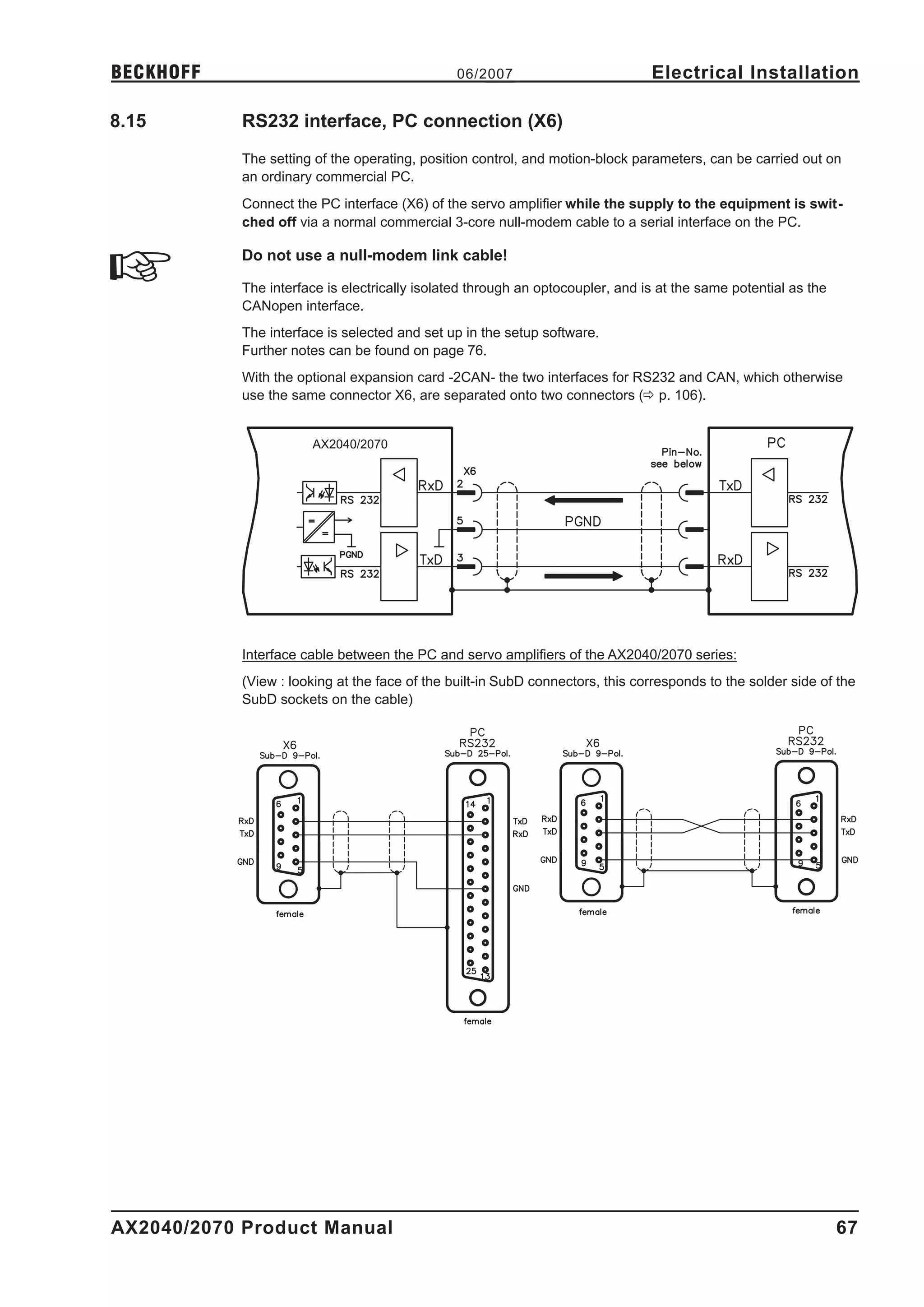 BECKHOFF                                        06/2007                         Electrical Installation

8.15        RS232 interface, PC connection (X6)
            The setting of the operating, position control, and motion-block parameters, can be carried out on
            an ordinary commercial PC.
            Connect the PC interface (X6) of the servo amplifier while the supply to the equipment is swit-
            ched off via a normal commercial 3-core null-modem cable to a serial interface on the PC.

            Do not use a null-modem link cable!

            The interface is electrically isolated through an optocoupler, and is at the same potential as the
            CANopen interface.
            The interface is selected and set up in the setup software.
            Further notes can be found on page 76.
            With the optional expansion card -2CAN- the two interfaces for RS232 and CAN, which otherwise
            use the same connector X6, are separated onto two connectors (ð p. 106).


                       AX2040/2070




            Interface cable between the PC and servo amplifiers of the AX2040/2070 series:
            (View : looking at the face of the built-in SubD connectors, this corresponds to the solder side of the
            SubD sockets on the cable)




AX2040/2070 Product Manual                                                                                       67
 