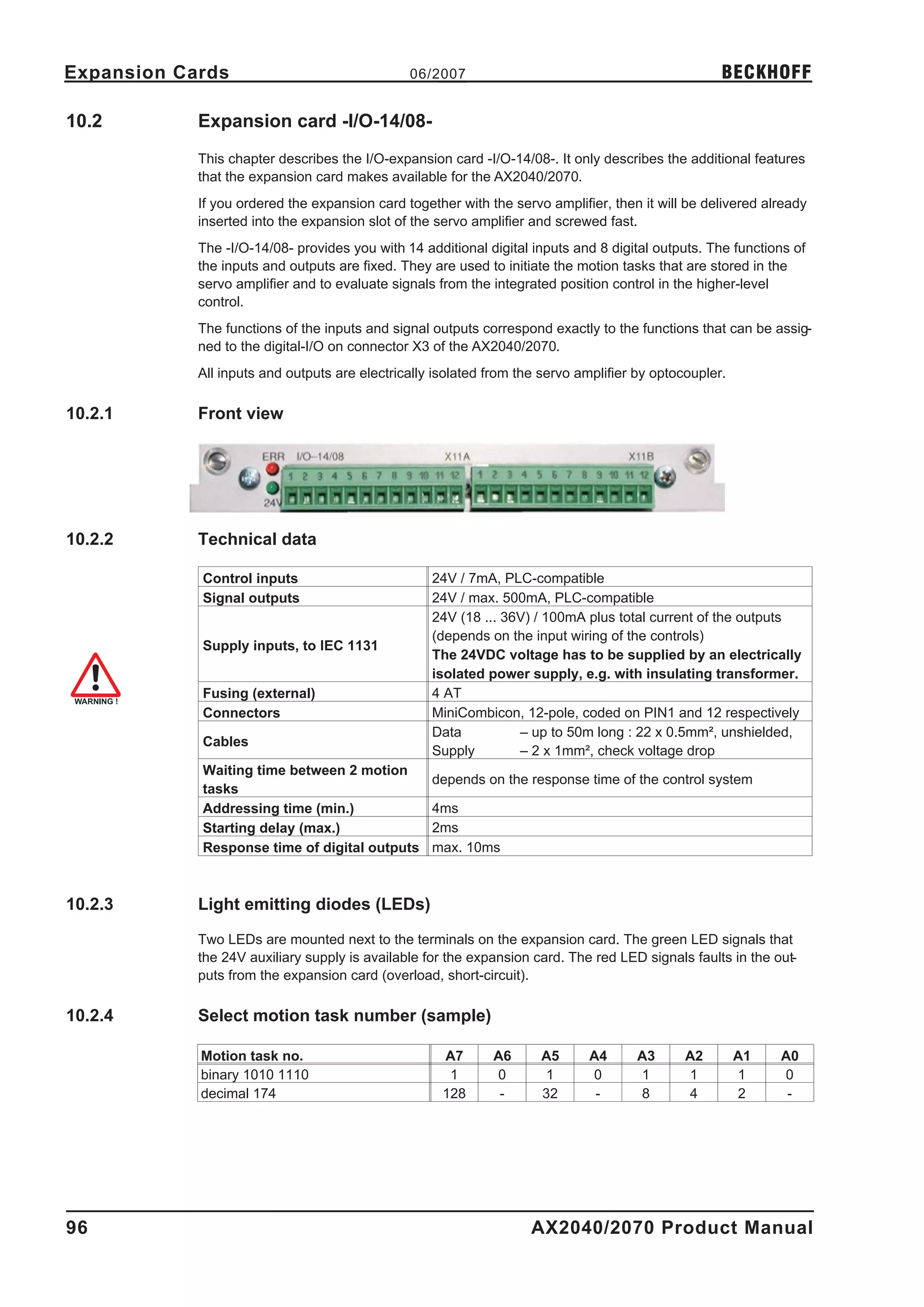 Expansion Cards                                06/2007                                              BECKHOFF

10.2        Expansion card -I/O-14/08-
            This chapter describes the I/O-expansion card -I/O-14/08-. It only describes the additional features
            that the expansion card makes available for the AX2040/2070.
            If you ordered the expansion card together with the servo amplifier, then it will be delivered already
            inserted into the expansion slot of the servo amplifier and screwed fast.
            The -I/O-14/08- provides you with 14 additional digital inputs and 8 digital outputs. The functions of
            the inputs and outputs are fixed. They are used to initiate the motion tasks that are stored in the
            servo amplifier and to evaluate signals from the integrated position control in the higher-level
            control.
            The functions of the inputs and signal outputs correspond exactly to the functions that can be assig-
            ned to the digital-I/O on connector X3 of the AX2040/2070.
            All inputs and outputs are electrically isolated from the servo amplifier by optocoupler.

10.2.1      Front view




10.2.2      Technical data

            Control inputs                         24V / 7mA, PLC-compatible
            Signal outputs                         24V / max. 500mA, PLC-compatible
                                                   24V (18 ... 36V) / 100mA plus total current of the outputs
                                                   (depends on the input wiring of the controls)
            Supply inputs, to IEC 1131
                                                   The 24VDC voltage has to be supplied by an electrically
                                                   isolated power supply, e.g. with insulating transformer.
            Fusing (external)                      4 AT
            Connectors                             MiniCombicon, 12-pole, coded on PIN1 and 12 respectively
                                                   Data          – up to 50m long : 22 x 0.5mm², unshielded,
            Cables
                                                   Supply        – 2 x 1mm², check voltage drop
            Waiting time between 2 motion
                                                   depends on the response time of the control system
            tasks
            Addressing time (min.)                 4ms
            Starting delay (max.)                  2ms
            Response time of digital outputs       max. 10ms



10.2.3      Light emitting diodes (LEDs)

            Two LEDs are mounted next to the terminals on the expansion card. The green LED signals that
            the 24V auxiliary supply is available for the expansion card. The red LED signals faults in the out-
            puts from the expansion card (overload, short-circuit).

10.2.4      Select motion task number (sample)

            Motion task no.                          A7      A6      A5      A4       A3      A2        A1   A0
            binary 1010 1110                          1      0       1       0        1       1         1    0
            decimal 174                              128      -      32       -       8       4         2     -




96                                                                  AX2040/2070 Product Manual
 