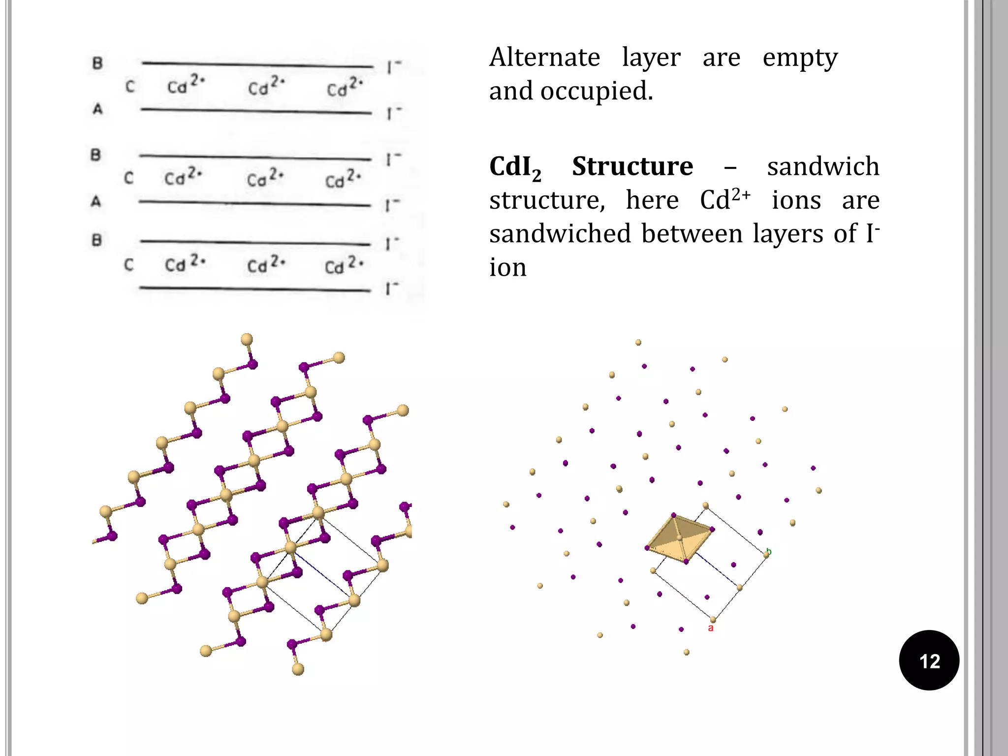 12
Alternate layer are empty
and occupied.
CdI2 Structure – sandwich
structure, here Cd2+ ions are
sandwiched between layers of I-
ion
 