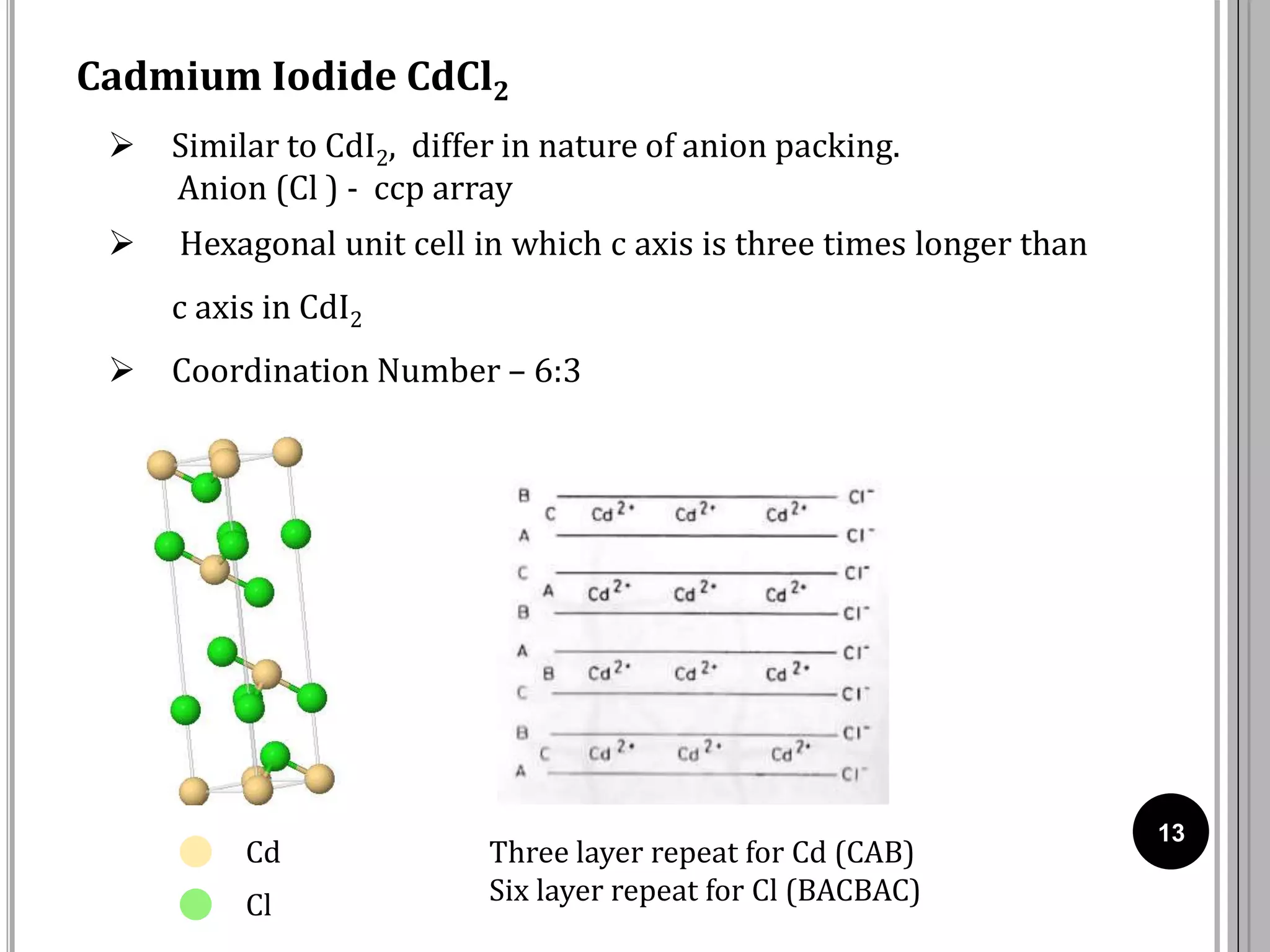 13
Cadmium Iodide CdCl2
 Similar to CdI2, differ in nature of anion packing.
Anion (Cl ) - ccp array
 Hexagonal unit cell in which c axis is three times longer than
c axis in CdI2
 Coordination Number – 6:3
Three layer repeat for Cd (CAB)
Six layer repeat for Cl (BACBAC)
Cd
Cl
 