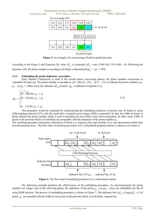 International Journal of Modern Engineering Research (IJMER)
                www.ijmer.com          Vol.3, Issue.1, Jan-Feb. 2013 pp-139-148      ISSN: 2249-6645




                             Figure 5. An example of a secret image SI and its predicted value

According to the Figure 5 and Equation (9), value  d m is computed ( d m = max (|160-168|, |161-160|) = 8). Following the
Equation (10), the prime number in encoding m-th block is determined ( pm  p2  61) .

1.3.2.  Embedding the prime indicators procedure
        Since Shamir’s framework is used in the second phase (recovering phase), the prime numbers necessitate to
remember for later use. The prime number is encoded as {(0…00), (0…01)… or (1…11)} to indicate the prime numbers {p1,
p2… or p2 t }. Other word, the indicator id m of prime pm is defined as Equation (11):
        t
           
       (0  00) for pm  p1
       
       
id m  (0  01) for pm  p2 .                                                                        (11)
       
       
       (111) for pm  p2t
       
          This procedure would be continued by implementing the embedding indicators of primes into SI based on using
LSB matching function [23], with the result that a matched secret image (MSI) is generated. In that, the LSBs of pixels in
block indicate the prime number which is used in decoding the next block in the recovering phase. In other word, LSBs of
pixels in the previous block of m-th block are compatible with the indicators of the prime number pm.
The matching procedure treat prime indications of block as a sequence bits and consider SI as one-dimensional rather than
two-dimensional array. The flow chart of matching procedure in (t, n)-threshold proposed scheme is shown as in Figure 6.




                         Figure 6. The flow chart of matching procedure in (t, n)-threshold system

       The following example performs the effectiveness of the embedding procedure. As aforementioned, the prime
numbers are longer used in the retrieving phase, the indicators of the prime pm  61 (id m  01) ) are embedded into the SI
using XOR function. The process of embedding procedure is shown in Figure 7. The indicator bits ( id m  0 and id m  1 ) of
                                                                                                     1            2


prime p m are matched with the LSBs of two pixels in the previous block of m-th block, respectively.



                                                      www.ijmer.com                                              143 | Page
 