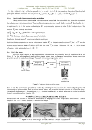 International Journal of Modern Engineering Research (IJMER)
                  www.ijmer.com          Vol.3, Issue.1, Jan-Feb. 2013 pp-139-148      ISSN: 2249-6645
 f 2  (161 160)  (61 1) / 2  31). For example (x1, x2, x3, x4) = {1, 2, 3, 4} corresponds to the order of four involved
participants. Block m is encoded into four packets: S m ( x1 )  53 , S m ( x2 )  23 , S m ( x3 )  54 and S m ( x4 )  23 .

1.3.4.     User-friendly Shadows construction procedure
           Owing to using Shamir’s framework, generated shadow images look like noise which may attract the attention of
                                                                                                           ~
the malicious users during transmission. Thus, this Subsection generates user-friendly shadow pixels       Pmj distributed to the j-
                                                            ~
th participant (1≤ j≤ n). The process produced pixel        Pmj is an association between the value Sm ( x j ) andm-th block. The
           ~
value of   Pmj have to satisfy two criteria:
     ~
(i) Pmj = p m k + Sm ( x j ) where k is a non-negative integer,
     ~j
(ii) Pm is the closest value to the average value of m-th block.
                              ~j
Finally, the obtained value Pm is delivered to the j-th participant.
                                                                ~1
Following the above example, the process calculates the shadow  Pm for the participant 1 combined S m ( x1 )  53 with the
                                                                   ~1
average value of pixels in block m ((160+161)/2=160). The value Pm is chosen 175 because {53, 114, 175, 236} is the set
of numbers which satisfies the form 61 k  53 .

1.4.  Retrieving phase
        Retrieving phase consists of two sub-procedures: reconstruction and recovering which is summarized as in the
Figure 9. The first sub-procedure is used to join t shadow images based on Lagrange interpolation. Second, recovering
procedure reveals the original secret image. The details of these phase is presented below:




                                               Figure 9. Flowchart of the retrieving phase

First of all, the reconstruction procedure is started by collecting the shadows from the authorized participants and
determining the prime number from the initial shadow pixels. Any t of them will be sufficient to reconstruct image.
According to the Equation (1), the coefficients f1, f2,…, ft of the Equation (13) are solved. After that, the recovering original
image is restored through the Equation (12).

                                IV. DISCUSSIONS AND EXPERIMENTAL RESULTS
Results of the tests executed to demonstrate the feasibility of the proposed scheme are presented in this section. A set of
images of size 512512 shown in Figure 10 is used as test images.




                          Figure 10. A set of test images of size 512512: (a) Lena; (b) Jet; (c) Baboon

                                                            www.ijmer.com                                               145 | Page
 