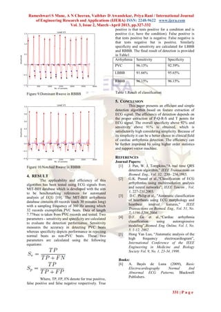 Rameshwari S Mane, A N Cheeran, Vaibhav D Awandekar, Priya Rani / International Journal
    of Engineering Research and Applications (IJERA) ISSN: 2248-9622 www.ijera.com
                       Vol. 3, Issue 2, March -April 2013, pp.327-332
                                                          positive is that tests positive for a condition and is
                                                          positive (i.e; have the condition). False positive is
                                                          that tests positive but is negative. False negative is
                                                          that tests negative but is positive. Similarly
                                                          specificity and sensitivity are calculated for LBBB
                                                          and RBBB. The final result of detection is provided
                                                          in Table1.
                                                          Arrhythmia Sensitivity               Specificity
                                                          PVC            96.15%                 92.59%
                                                          LBBB           91.66%                 95.65%

                                                          RBBB           96.15%                 96.15%


Figure 9.Dominant Rwave in RBBB                           Table 1.Result of classification

                                                          5. CONCLUSION
                                                                    This paper presents an efficient and simple
                                                          detection algorithm based on feature extraction of
                                                          ECG signal. The efficiency of detection depends on
                                                          the proper extraction of P-Q-R-S and T points for
                                                          ECG signal. The overall specificity above 92% and
                                                          sensitivity above 91% is obtained, which is
                                                          satisfactorily high considering simplicity. Because of
                                                          its simplicity it can be a better choice in clinical field
                                                          of cardiac arrhythmia detection. The efficiency can
                                                          be further improved by using higher order statistics
                                                          and support vector machine.

                                                          REFERENCES
                                                          Journal Papers:
Figure 10.Notched Rwave in RBBB                             [1]   J. Pan, W. J. Tompkins,―A real time QRS
                                                                  detection algorithm,‖ IEEE Transactions on
4. RESULT                                                         Biomed. Eng., Vol. 32, 230– 236,1985.
         The applicability and efficiency of this           [2]   G.K. Prasad et al.,―Classification of ECG
algorithm has been tested using ECG signals from                  arrhythmias using multiresolution analysis
MIT-BIH database which is developed with the aim                  and neural networks‖, IEEE Tencon , Vol.
to be benchmarking references for automated                       1, 227-231,2003.
analysis of ECG [10]. The MIT-BIH arrhythmia                [3]    D.C. Philip et al., "Automatic classification
database contains 48 records (each 30 minutes long)               of heartbeats using ECG morphology and
with a sampling frequency of 360 Hz among which                   heartbeat      interval     features,"    IEEE
32 records exemplifies PVC beats. Data of length                  Transactions on Biomed. Eng., Vol. 51, No.
7.778sec is taken from PVC records and tested. Two                7, 1196-1206,2004.
parameters - sensitivity and specificity are calculated     [4]   D.F. Ge et al.,―Cardiac arrhythmia
to evaluate the detection performance. Sensitivity                classification       using       autoregressive
measures the accuracy in detecting PVC beats                      modeling‖,Biomed. Eng. Online, Vol. 1, No.
whereas specificity depicts performance in rejecting              5, 1-12, 2002.
normal beats as non-PVC beats. These two                    [5]   Hong Yan Luo, ―Automatic analysis of the
parameters are calculated using the following                     high      frequency        electrocardiogram‖,
equations:                                                        International Conference of the IEEE
                                                                  Engineering in Medicine and Biology
                                                                  Society Vol. 9, No. 1, 23-34, 1998.

                                                            Books:
                                                            [6]  A. Bayés de Luna (2009), Basic
                                                                 Electrocardiography Normal  And
                                                                 Abnormal ECG Patterns, Blackwell
                                                                 Publishers.
         Where, TP, FP, FN denote for true positive,
false positive and false negative respectively. True

                                                                                                   331 | P a g e
 