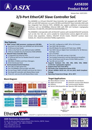 AX58200
Product Brief
2/3-Port EtherCAT Slave Controller SoC
Release Date: 10/07/2021
ASIX Electronics Corporation
4F, No. 8, Hsin Ann Road, Hsinchu Science Park, Hsinchu, 30078, Taiwan
TEL: +886-3-5799500 FAX: +886-3-5799558
Email: sales@asix.com.tw
https://www.asix.com.tw/
EtherCAT® is a registered trademark and patented technology, licensed by Beckhoff Automation GmbH, Germany.
Key Features
ARM® Cortex®-M4F processor, running up to 192 MHz
Dual bank 512 KB Flash size (APROM) and 160 KB SRAM
32 KB secure boot loader
4 KB on-chip Flash for user-defined loader (LDROM)
4 KB non-readable Security Protection ROM (SPROM)
EtherCAT Slave Controller (ESC)
2 Integrated Fast Ethernet PHYs
3rd Ethernet MII Port for flexible EtherCAT network
configuration
9KB RAM, 8 FMMUs and 8 Sync Managers
64-bit Distributed Clock
Communication/Control Interfaces
One USB 2.0 High Speed OTG
One 10/100Mbps Ethernet MAC with RMII
Six Low Power UARTs (LPUART) and three ISO-7816-3
One Quad-SPI controller with Master/Slave mode
Three I2C and one I2S with Master/Slave mode
Two USCI, configured as UART, SPI or I2C function
Two CAN 2.0B controllers
One SPI Master for external SPI Flash (max. 32MB)
Two SDHC (Secure Digital Host Controllers) for SD Memory
Card Spec. V2.0.
Up to 76 GPIOs
One 16-ch, 12-bit ADC and two 12-bit DAC
Two Analog Comparators and two Operational Amplifiers
Four 32-bit timers and 24 sets of 16-bit PWM counters
Two QEI and one ECAP
Supports Hardware ECC, AES, DES, 3DES, SHA, HMAC
accelerator cryptography engineers
Supports Real-Time Clock (RTC)
One built-in Die Temperature Sensor (DTS)
144-pin HSFBGA 10x10 mm, 0.8 mm pitch, RoHS Compliant
Package
Operating Temperature Range: -40 to +85°C
The AX58200 is a 2/3-port EtherCAT Slave Controller SoC equipped with ARM® Cortex®-
M4F core with DSP extension runs up to 192 MHz and EtherCAT Slave Controller (ESC) with
two integrated Fast Ethernet PHYs. AX58200 also supports additional communication
interfaces such as 10/100Mbps Ethernet MAC with RMII and hardware cryptography
accelerator, HS USB OTG, SPI/UART/I2C/I2S/CAN/PWM, etc.
The AX58200 is interoperable with all EtherCAT systems with standard EtherCAT protocols
such as CoE, FoE, VoE, etc. and is suitable for motor/motion control, digital I/O control,
sensors data acquisition, robotics, EtherCAT IO-Link master, EtherCAT Junction slave
module, etc. industrial automation fieldbus applications.
Target Applications
Motor/Motion Control
Digital I/O Control
Robotics
Sensors Data Acquisition
EtherCAT IO-Link Master
EtherCAT Junction Slave Module
Communication Module
Operator HMI Interfaces
Block Diagram
 