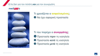 10 to Zen για τον πελάτη και για τον συνεργάτη
Τι χρειάζεται ο ασφαλισμένος;
Τι του παρέχει ο συνεργάτης;
Να έχει σφαιρική προστασία
Προστασία πριν τη νοσηλεία
Προστασία κατά τη νοσηλεία
Προστασία μετά τη νοσηλεία
 