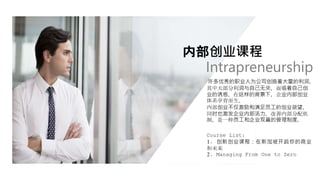 内部创业课程
许多优秀的职业人为公司创造着大量的利润，
其中大部分利润与自己无关，面临着自己创
业的诱惑。在这样的背景下，企业内部创业
体系孕育而生。
内部创业不仅激励和满足员工的创业欲望，
同时也激发企业内部活力，改善内部分配机
制，是一种员工和企业双赢的管理制度。
Intrapreneurship
Course List:
1. 创新创业课程：在新加坡开启你的商业
和未来
2. Managing From One to Zero
 