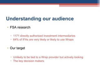 Understanding our audience FSA research 1171 directly authorised investment intermediaries 64% of IFAs are very likely or likely to use Wraps Our target Unlikely to be tied to a Wrap provider but actively looking The key decision makers 