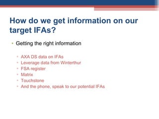 How do we get information on our target IFAs? Getting the right information AXA DS data on IFAs Leverage data from Winterthur FSA register  Matrix Touchstone  And the phone, speak to our potential IFAs  