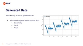 © Copyright EnterpriseDB Corporation, 2020. All rights reserved.23
Generated Data
• A dataset was generated in Python, with:
• Seasonality
• Trend
• Noise
Initial testing based on generated data
 