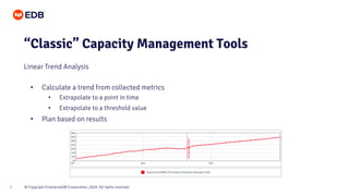 © Copyright EnterpriseDB Corporation, 2020. All rights reserved.5
• Calculate a trend from collected metrics
• Extrapolate to a point in time
• Extrapolate to a threshold value
• Plan based on results
“Classic” Capacity Management Tools
Linear Trend Analysis
 