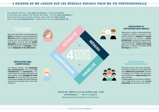 LE GUIDE DU BON SENS NUMÉRIQUE
4 RAISONS DE ME LANCER SUR LES RÉSEAUX SOCIAUX POUR MA VIE PROFESSIONNELLE
ÊTRE À LA POINTE
DE L’ACTUALITÉ
Alors que l’information n’a jamais été aussi
dense,les réseaux sociaux permettent de
faire le tri. Certains comptes sélectionnent
chaque jour les actualités dont vous
avez besoin. C’est le cas des médias
spécialisés,des journalistes ou d’experts.
D’autres apportent un éclairage, c’est le
cas de dirigeants et des influenceurs.
DÉVELOPPER ET
ENTRETENIR MON RÉSEAU
Partenaires, relations professionnelles,
collègues actuels et anciens, il est
parfois difficile de maintenir le contact
et d’entretenir ce fameux « réseau
professionnel » synonyme d’opportunités.
En fréquentant les réseaux sociaux, vous
faites coup double : recréer votre réseau
pro dans un espace numérique et le
développer en un clic !
DÉVELOPPER MES
COMPÉTENCES
Les réseaux sociaux, c’est développer
ses connaissances mais aussi ses
compétences. En partageant et en
commentant les dernières actualités de
votre secteur, vous témoignez de votre
expertise. En vous liant avec vos pairs,
vous pourrez partager des problématiques
communes et pourquoi pas, trouver des
solutions !
DÉVELOPPER MA
MARQUE PERSONNELLE
Vous êtes reconnu pour votre expertise :
les réseaux sociaux vont vous permettre
de la valoriser aux yeux de tous. À travers
le partage et la création de contenus,
vous deviendrez un expert reconnu dans
votre domaine.
Partagez également vos loisirs et hobbies :
vous apporterez ainsi une touche
personnelle qui vous fera sortir du lot !
COM
PÉTENCES
VISIBILITÉ
RÉSEAU
ACTUALITÉ
“Lance-toi. Même si tu ne publies pas, c’est
enrichissant !” - Marie Langlois
Responsable Développement Commercial
Les réseaux sociaux, c’est pour les jeunes, c’est chronophage,
c’est juste pour publier des photos de chats… Eh bien pas seulement !
Saviez-vous que les réseaux sociaux sont aussi de réels atouts
pour votre vie professionnelle ? Aujourd’hui ils vous permettent de...
 