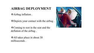 AIRBAG DEPLOYMENT
Airbag inflation .
Depicts your contact with the airbag .
Coming to rest in the seat and the
deflation of the airbag .
All takes place in about 30
milliseconds .
 
