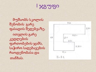 I  ჯგუფი   მუშაობს სკოლის შენობის  გარე  ფასადის შეღებვაზე.   ითვლის გარე კედლების ფართობების ჯამს, საჭირო საღებავების რაოდენობასა და  თანხას. 