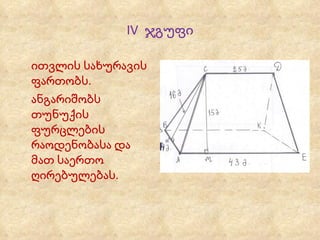 IV  ჯგუფი ითვლის სახურავის ფართობს. ანგარიშობს თუნუქის ფურცლების რაოდენობასა და მათ საერთო ღირებულებას. 