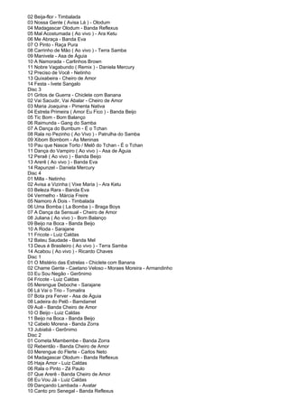 02 Beija-flor - Timbalada
03 Nossa Gente ( Avisa Lá ) - Olodum
04 Madagascar Olodum - Banda Reflexus
05 Mal Acostumada ( Ao vivo ) - Ara Ketu
06 Me Abraça - Banda Eva
07 O Pinto - Raça Pura
08 Carrinho de Mão ( Ao vivo ) - Terra Samba
09 Manivela - Asa de Águia
10 A Namorada - Carlinhos Brown
11 Nobre Vagabundo ( Remix ) - Daniela Mercury
12 Preciso de Você - Netinho
13 Quixabeira - Cheiro de Amor
14 Festa - Ivete Sangalo
Disc 3
01 Gritos de Guerra - Chiclete com Banana
02 Vai Sacudir, Vai Abalar - Cheiro de Amor
03 Maria Joaquina - Pimenta Nativa
04 Estrela Primeira ( Amor Eu Fico ) - Banda Beijo
05 Tic Bom - Bom Balanço
06 Raimunda - Gang do Samba
07 A Dança do Bumbum - É o Tchan
08 Rala no Pezinho ( Ao Vivo ) - Patrulha do Samba
09 Xibom Bombom - As Meninas
10 Pau que Nasce Torto / Melô do Tchan - É o Tchan
11 Dança do Vampiro ( Ao vivo ) - Asa de Águia
12 Peraê ( Ao vivo ) - Banda Beijo
13 Arerê ( Ao vivo ) - Banda Eva
14 Rapunzel - Daniela Mercury
Disc 4
01 Milla - Netinho
02 Avisa a Vizinha ( Vixe Maria ) - Ara Ketu
03 Beleza Rara - Banda Eva
04 Vermelho - Márcia Freire
05 Namoro À Dois - Timbalada
06 Uma Bomba ( La Bomba ) - Braga Boys
07 A Dança da Sensual - Cheiro de Amor
08 Juliana ( Ao vivo ) - Bom Balanço
09 Beijo na Boca - Banda Beijo
10 A Roda - Sarajane
11 Fricote - Luiz Caldas
12 Bateu Saudade - Banda Mel
13 Deus é Brasileiro ( Ao vivo ) - Terra Samba
14 Acabou ( Ao vivo ) - Ricardo Chaves
Disc 1
01 O Mistério das Estrelas - Chiclete com Banana
02 Chame Gente - Caetano Veloso - Moraes Moreira - Armandinho
03 Eu Sou Negão - Gerônimo
04 Fricote - Luiz Caldas
05 Merengue Deboche - Sarajane
06 Lá Vai o Trio - Tomalira
07 Bota pra Ferver - Asa de Águia
08 Ladeira do Pelô - Bamdamel
09 Auê - Banda Cheiro de Amor
10 O Beijo - Luiz Caldas
11 Beijo na Boca - Banda Beijo
12 Cabelo Morena - Banda Zorra
13 Jubiabá - Gerônimo
Disc 2
01 Cometa Mambembe - Banda Zorra
02 Rebentão - Banda Cheiro de Amor
03 Merengue do Flerte - Carlos Neto
04 Madagascar Olodum - Banda Reflexus
05 Haja Amor - Luiz Caldas
06 Rala o Pinto - Zé Paulo
07 Que Arerê - Banda Cheiro de Amor
08 Eu Vou Já - Luiz Caldas
09 Dançando Lambada - Avatar
10 Canto pro Senegal - Banda Reflexus
 