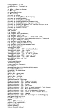 Gang Do Samba ( Ao Vivo )
Gang Do Samba ( Tingalagatinga )
Gil
Gil - 2005 ( O Canto Da Sereia )
Gil ( Me Beija )
Gil ( Melândia ) Ao Vivo
Gil ( Movimento )
Harmonia Do Samba
Harmonia Do Samba ( A Casa Do Harmonia )
Harmonia Do Samba ( Ao Vivo )
Harmonia Do Samba ( Ao Vivo 2002 )
Harmonia Do Samba ( Ao Vivo Em Salvador ) 2006
Harmonia Do Samba ( Contagem Regressiva ) Ao Vivo
Harmonia Do Samba ( Da Capelinha Para O Mundo - Ao Vivo) 2004
Harmonia Do Samba ( Meu E Seu )
Harmonia Do Samba ( O Rodo )
Invasão Baiana
Ivete Sangalo
Ivete Sangalo - 1999
Ivete Sangalo - 2000 ( Beat Beleza )
Ivete Sangalo - 2001 ( Festa )
Ivete Sangalo - 2002 ( Se Eu Não Te Amasse Tanto Assim )
Ivete Sangalo - 2003 ( Clube Carnavalesco Inocentes Em Progresso )
Ivete Sangalo - 2004 ( Mtv Ao Vivo )
Ivete Sangalo - 2005 ( As Super Novas )
Ivete Sangalo - 2005 ( Novo Millennium )
Ivete Sangalo - 2006 ( Ao Vivo No Maracanã )
Ivete Sangalo ( Espanhol )
Jammil E Uma Noites
Jammil E Uma Noites - 1997 ( Tanta Coisa Mudou )
Jammil E Uma Noites - 1998 ( Contato )
Jammil E Uma Noites - 2001 ( Acústico ao Vivo )
Jammil E Uma Noites - 2004 ( Ao Vivo Na Balada )
Jammil E Uma Noites - 2005 ( Praieiro Ao Vivo )
Jammil E Uma Noites - 2006 ( Luau Do Jammil )
Jammil E Uma Noites ( Ao Vivo )
Jheremmias
Jheremmias ( Jhezebel )
Jheremmias ( Milla )
Jheremmias ( Yes, Cannabis )
Levada Louca
Levada Louca - 2005 ( No São João Do Nordeste )
Levada Louca ( Ao Vivo )
Luiz Caldas ( As Melhores De )
Marcia Freire
Marcia Freire ( Gente Boa )
Marcia Freire ( Maravilha )
Marcia Freire ( Timbalaie )
Marcia Freire ( Vermelho )
Margareth Menezes ( Discografia )
Margareth Menezes - 1988 ( Margareth menezes )
Margareth Menezes - 1989 ( Um canto pra subir )
Margareth Menezes - 1991 ( Kindala )
Margareth Menezes - 1993 ( Luz Dourada )
Margareth Menezes - 1996 ( Gente de Festa - Margareth. Paulo Gustavo )
Margareth Menezes - 2001 ( Maga - Afropopbrasileiro )
Margareth Menezes - 2003 ( Tete A Tete Margareth - Ao Vivo )
Margareth Menezes - 2004 ( Festival De Verão Salvador - Ao Vivo )
Margareth Menezes - 2005 ( Pra Você )
Margareth Menezes - 2008 ( Uma Homenagem Ao Samba Reggae )
Monobloco - 2006 ( Ao Vivo )
Nairê Ao Vivo ( Carnativa )
Netinho
Netinho - 2005 ( Outra Versão )
Netinho - 2008 ( Minha Praia )
Netinho ( Ao Vivo )
Netinho ( Clareou )
Netinho ( Corpo & Cabeça )
 