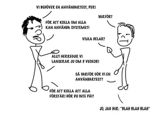 VI BEHÖVER EN ANVÄNDARTEST, PER!

                                   VARFÖR?
     FÖR ATT KOLLA OM ALLA
     KAN ANVÄNDA SYSTEMET!

                         VILKA DELAR?



        ALLT! HERREGUD, VI
        LANSERAR JU OM 3 VECKOR!


                     SÅ VARFÖR GÖR VI EN
                     ANVÄNDARTEST?

       FÖR ATT KOLLA ATT ALLA
       FÖRSTÅR! HÖR DU INTE PÅ!?


                                   JO, JAG HÖR: “BLAH BLAH BLAH”
 