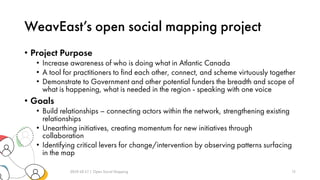 WeavEast’s open social mapping project
2019-10-17 | Open Social Mapping 15
• Project Purpose
• Increase awareness of who is doing what in Atlantic Canada
• A tool for practitioners to find each other, connect, and scheme virtuously together
• Demonstrate to Government and other potential funders the breadth and scope of
what is happening, what is needed in the region - speaking with one voice
• Goals
• Build relationships – connecting actors within the network, strengthening existing
relationships
• Unearthing initiatives, creating momentum for new initiatives through
collaboration
• Identifying critical levers for change/intervention by observing patterns surfacing
in the map
 