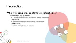 Introduction
• What if we could engage all interested stakeholders?
• This option is newly feasible…
• Crowdsourcing & data science, cheaper/better platforms for engagement
• … desirable …
• Systems change leadership, network weavers, collective impact
• … and viable.
• Systemic design principles and approaches
2019-10-17 | Open Social Mapping 5
 