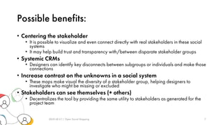 Possible benefits:
• Centering the stakeholder
• It is possible to visualize and even connect directly with real stakeholders in these social
systems
• It may help build trust and transparency with/between disparate stakeholder groups
• Systemic CRMs
• Designers can identify key disconnects between subgroups or individuals and make those
connections
• Increase contrast on the unknowns in a social system
• These maps make visual the diversity of a stakeholder group, helping designers to
investigate who might be missing or excluded
• Stakeholders can see themselves (+ others)
• Decentralizes the tool by providing the same utility to stakeholders as generated for the
project team
2019-10-17 | Open Social Mapping 7
 