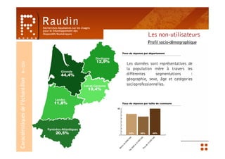 Les non-utilisateurs
                                               Profil socio-démographique



                                    Les données sont représentatives de
        N=550




                                    la population mère à travers les
                                    différentes     segmentations     :
                                    géographie, sexe, âge et catégories
Caractéristiques de l’échantillon




                                    socioprofessionnelles.
 