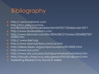    http:// www.indiastat.com
   http://bcs.wiley.com/he-
    bcs/Books?action=index&itemId=0470317256&bcsId=5371
   http://www.reviewstream.com
   http://www.blonnet.com/life/2004/08/27/stories/20040827001
    20300.htm
   http:// www.ibef.org
   http://www.npd-solutions.com/va.html
   http://ideas.repec.org/p/wpa/wuwpmi/0510002.html
   http://www.hul.com/
   http://www.ats.ucla.edu/stat/spss/whatstat/whatstat.htm
   http://faculty.chass.ncsu.edu/garson/PA765/discrim3.htm
   Marketing Research by David A Aaker
 
