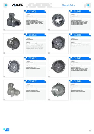 Mancais Delco


             31.001                                                31.002
      Substitui:                                            Substitui:
     DELCO: 10457026                                       DELCO: 10456470


     Aplicação:                                            Aplicação:
     Mancal de Acionamento 28MT                            Flange do Eixo do Impulsor
     Motores de Partida Delco 1113276, 1113277,            Motores de Partida Delco 1113276, 1113277,
     1113291, 10479605, 10479623, 10479634,                10479605, 10479629, 10479634, 10479643,
     10479643, 10479651, 10479652, 1047,9654,              10479644, 10479650, 10479651, 10479652,
     10479655.                                             10479654, 10479655, 10479645.




             31.003                                                31.004
      Substitui:                                            Substitui:
     DELCO:10457037                                        DELCO: 10500121


     Aplicação:                                            Aplicação:
     Mancal Intermediário 28MT                             Mancal do Coletor 28MT
     Motores de Partida Delco 1113276, 113277,             Motores de Partida Delco 10479623, 10479651,
     1113291, 10479605, 10479623, 10479629,                10479652.
     10479634, 10479643, 10479644, 10479651,
     10479652, 10479654, 10479655, 10479645.




             31.005                                                31.006
      Substitui:                                            Substitui:
     DELCO: 10500290                                       DELCO: 10457036


     Aplicação:                                            Aplicação:
     Mancal do Coletor 28MT                                Mancal do Coletor 28MT
     Motores de Partida Delco 10479650.                    Motores de Partida Delco 1113276, 1113277,
                                                           1113291, 10479605, 10479629, 10479643,
                                                           10479644, 10479654, 10479655, 10479645.




             31.007                                                31.008
      Substitui:                                            Substitui:
     DELCO: 10457359                                       DELCO: 10457363


     Aplicação:                                            Aplicação:
     Mancal de Acionamento 28MT                            Mancal de Intermediário 28MT
     Motores de Partida Delco 10479650.                    Motores de Partida Delco 10479650.




16
 