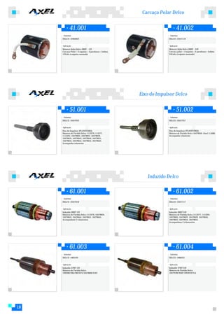 Carcaça Polar Delco


             41.001                                                          41.002
      Substitui:                                                      Substitui:
     DELCO: 10483822                                                 DELCO: 10457118


     Aplicação:                                                      Aplicação:
     Motores linha Delco 28MT - 12V                                  Motores linha Delco 28MT - 24V
     Carcaça Polar + 4 sapatas + 4 parafusos + bobina                Carcaça polar + 4 sapatas + 4 parafusos + bobina
     12Volts (conjunto montado)                                      24Volts (conjunto montado)




                                                        Eixo do Impulsor Delco


             51.001                                                          51.002
      Substitui:                                                      Substitui:
     DELCO: 10457032                                                 DELCO: 10457357


     Aplicação:                                                      Aplicação:
     Eixo do Impulsor (PLANETÁRIA)                                   Eixo do Impulsor (PLANETÁRIA)
     Motores de Partida Delco 1113276, 113277,                       Motores de Partida Delco 10479650. (Axel 11,008)
     1113291, 10479605, 10479623, 10479629,                          Acompanha rolamento
     10479634, 10479643, 10479644, 10479651,
     10479652, 10479654, 10479655, 10479645.
     Acompanha rolamento




                                                           Induzido Delco


             61.001                                                          61.002
      Substitui:                                                      Substitui:
     DELCO: 10457618                                                 DELCO: 10457117


     Aplicação:                                                      Aplicação:
     Induzido 28MT 12V                                               Induzido 28MT 24V
     Motores de Partida Delco 1113276, 10479634,                     Motores de Partida Delco 1113277, 1113291,
     10479643, 10479644, 10479651, 10479645.                         10479605, 10479623, 10479629, 10479650,
     Acompanham 2 rolamentos                                         10479652, 10479654, 10479655.
                                                                     Acompanham 2 rolamentos




             61.003                                                          61.004
      Substitui:                                                      Substitui:
     DELCO: 1985249                                                  DELCO: 1988322


     Aplicação:                                                      Aplicação:
     Induzido 37MT 12V                                               Induzido 37MT 24V
     Motores de Partida Delco                                        Motores de Partida Delco
     1993963/964/969/874/10478890/9187.                              10479196/9302/1993910/914.




18
 