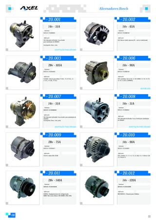 Alternadores Bosch


             20.001                                                                    20.002
             14v - 51A                                                                 14v - 65A
      Substitui:                                                               Substitui:
     BOSCH: 9120080061                                                        BOSCH: 9120080169


     Aplicação:                                                               Aplicação:
     VW: Altenador da Brasilia, Fusca Kombi                                   GM: Monza, Kadett, Ipanema 89 >, sem ar condicionado
     para substituição do DÍNAMO

     Acompanha: Base, cinta


                         ADAPTAÇÃO PARA DÍNAMO



             20.003                                                                    20.006
             28v - 105A                                                                14v - 90A
      Substitui:                                                               Substitui:
     BOSCH: 9120456003                                                        BOSCH: 9120080184


     Aplicação:                                                               Aplicação:
     SCANIA: Chassis para ônibus F112HL, 113, K113CL, LT,                     VW: Caminhão 7.00, 8.140, 12.140 ( MWM ) 12.170, 14.170,
     L113CL, S113AL, S113CL                                                   16.170, 16.200, (CUMMINS)




                                                                                                                           REFORÇADO



             20.007                                                                    20.008
             14v - 51A                                                                 14v - 51A
      Substitui:                                                               Substitui:
     BOSCH: 9120080061                                                        BOSCH: 9120080061


     Aplicação:
                                                                              Aplicação:
     VW: Altenador da Brasilia, Fusca Kombi para substituição do
     DINAMO                                                                   VW: Alternador da Brasilia, Fusca, Kombi para substituição
     Acompanha: Base, cinta, polia                                            do DÍNAMO



                         ADAPTAÇÃO PARA DÍNAMO                                                      ADAPTAÇÃO PARA DÍNAMO



             20.009                                                                    20.010
             28v - 75A                                                                 14v - 90A
      Substitui:                                                               Substitui:
     BOSCH: 9120456011                                                        BOSCH: 0123320001


     Aplicação:                                                               Aplicação:
     VOLVO: ônibus B58, B10M                                                  VW: Cordoba 1.0, 1.4, 1.6, 1.8, 2.0, Ibiza 1.8, 1.9 diesel, Golf
                                                                              2.0, Passat 2.0




             20.011                                                                    20.012
             28v - 140A                                                                14v - 120A
      Substitui:                                                               Substitui:
     BOSCH: 9120456048                                                        BOSCH: 9120456008


     Aplicação:                                                               Aplicação:
     GERAL: Equipamentos de refrigeração                                      RECROSUL: Chassis para Ônibus
     MBB: Mercedez Motor OM 400RS, RSD, RSL




08
 