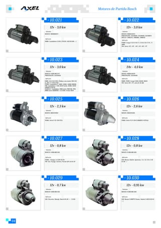 Motores de Partida Bosch


             10.021                                                         10.022
             12v - 3,0 kw                                                   12v - 3,0 kw
      Substitui:                                                     Substitui:
     BOSCH: 9000083071                                              BOSCH: 9000453074
                                                                    PRESTOLITE: 35259630, 35259640, 35259870
                                                                    DELCO: 1998376, 1998389, 1998342
     Aplicação:
                                                                    Aplicação:
     MMB: Caminhões L1319, LP1219, 1419 (01.88->)
                                                                    FORD: Cargo C1215/16/17, C1415/16/17/21, F-
                                                                    4000
                                                                    VW: Série 12T, 13T, 14T, 15T, 16T, 17T




             10.023                                                         10.024
             12v - 3,0 kw                                                   24v - 4,0 kw
      Substitui:                                                     Substitui:
     BOSCH: 9.000.083.077                                           BOSCH: 9000453079
     PRESTOLITE: 35259430                                           PRESTOLITE: 35259440

     Aplicação:                                                     Aplicação:
     MBB: 1113,1513,2013, Ônibus com motor OM-352                   MMB: FORD: Cargo C1618, B1618, B1621
     A, 355-5 ( reforçado )                                         VW: Série 16T, 17T, série B-16.180
     FORD: Caminhões F-4000, 12000, 14000 (MWM),
     VW: Caminhões 7.100, 8140 Turbo, 16180, 16120
     (MWM D 229-6)
     AGRALE: Caminhões 7000 série 7000 DX, TDX,
     8000 série-8500TDX / J.I.CASE: Trator W20




             10.025                                                         10.026
             12v - 2,3 kw                                                   12v - 2,6 kw
      Substitui:                                                     Substitui:
     BOSCH: 0001223010                                              BOSCH: 0001223505


     Aplicação:                                                     Aplicação:
     FORD: Série F (F-250 TCA)                                      FORD: Série F (F-250 CUMMINS 4 BTAA)




             10.027                                                         10.028
             12v - 0,8 kw                                                   12v - 0,8 kw
      Substitui:                                                     Substitui:
     BOSCH: 9.000.082.045                                           BOSCH: 9.000.082.036


     Aplicação:                                                     Aplicação:
     FORD:– Pampa 1.6 (AP) 05.93                                    GM: Monza, Kadett, Ipanema, 1.6, 1.8, 2.0 e 2.0i
     VW: Gol, Voyage, Saveiro, Parati (AP1.6) 01.87                 01.82 ->




             10.029                                                         10.030
             12v - 0,7 kw                                                   12v - 0,95 kw
      Substitui:                                                     Substitui:
     BOSCH: 9.000.082.033                                           BOSCH: 9.000.082.058


     Aplicação:                                                     Aplicação:
     GM: Chevette, Marajó, Hatch (01.83 -> 12.92)                   GM: Monza 2.0MPFI Classic, Kadett 2.0GSI (03.91-
                                                                    >)




04
 