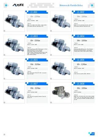 Motores de Partida Delco


        11.001                                                           11.002
        12v - 2,9 kw                                                     24v - 3,9 kw
 Substitui:                                                       Substitui:
DELCO: 10479651 28MT                                             DELCO: 10479652 28MT

Aplicação:                                                       Aplicação:
MBB: 710, 1418R, 1720, 1720K, L 1620, LO 814 -                   MBB: OF 1721, OH 1420, OH 1621L, OH 1623 -
com motores OM 364 e OM 366 em 12V.                              Com motores OM 364 e OM 366 em 24V.




        11.003                                                           11.004
        12v - 2,9 kw                                                     24v - 3,9 kw
 Substitui:                                                       Substitui:
DELCO: 1113276 28MT                                              DELCO: 1113277 28MT


Aplicação:                                                       Aplicação:
AGCO: Arg. Dicumar 6BT-F700. Dynapac. G-Drive.                   Timberjack 608, 608 Harvester. Ciber Vibrador.
Ingersoll Rand 95, 110, 125. Metalfor                            Komatsu PC 200 Escavadeira - com motores
Pulverizador. Muller DTV140, Skider,                             Cmmins 4B3.9, 4BT3.9, 6B5.9, 6BT5.9, 6BTAA.
TM-14. Zanello. Timberjack 610 Forwarder, 450C,
480C - com motores Cummins 4B3.9, 4BT3.9,
6B5.9, 6BT5.9, 6BTAA.




        11.005                                                           11.006
        24v - 3,9 kw                                                     12v - 2,9 kw
 Substitui:                                                       Substitui:
DELCO: 10479605 28MT                                             DELCO: 10479643 28MT


Aplicação:
                                                                 Aplicação:
FIAT: Allis Grader PG140 e PG 160 - com motor
Ford 7.5L GMA                                                    CASE: Retroescavadeira 580L e 580L SE.




        11.007                                                           11.008
        24v - 3,9 kw                                                     24v - 3,9 kw
 Substitui:                                                       Substitui:
DELCO: 10479654 28MT                                             DELCO: 10479650


Aplicação:                                                       Aplicação:
FIAT: Allis Pá Carregadeira FR128 e Trator de                    MBB 712C, 715C 914C, 915C, 1215, 1218L, 1218EL,
Esteira 7D.                                                      1418L, 1718, 1725, 2423, 2428, LO 914, O 500U, OF
                                                                 1417 - com motores OM 904 e OM 906 eletrônicos
                                                                 em 24V.




                                                                                                            05
 