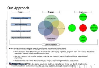 Our Approach We are business strategists and psychologists, not merely consultants While there are many different types of consultants with varying expertise, programs often fail because they do not adequately take the people element into account Our firm combines cutting edge business expertise and rigor with a grounding in traditional organizational psychology We collaborate with rather than alienate your people, empowering them to act productively. Although we are cut from the same academic cloth as many larger firms, we don’t simply write recommendations and walk away. We are your partners through implementation Prepare Engage Implement Communication Industry Expertise Business Strategy People Expertise Organization Development Engagement Scope Organization Assessment Organization Preparation Project Planning Buy-in Training Education Learning Post  Implementation  Testing and  Adjustment Systems/Process  Adjustment People 