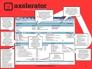 02/12/2010Copyright 2010. Axelerator a.s.6Návody, skripty, které umožňují casehandlerovi zvládat konkrétní situace , v nichž se během vymáhání může ocitnoutWF je specifické pro každé portfolio, je to předem definovaný postup  pro vymáhání konkrétního portfolia (a dluhu v rámci tohoto portfolia).Systém Centurion je přímo napojen na náš telefonní systém, kliknutím na tuto ikonu se automaticky vytáčí číslo dlužníka uložené v databázi systémuOdkazy na webové stránky, na nichž může casehandler zkontrolovat informace o dlužníkovi. (V dalši verzi systému bude fungovat automatická kontrola insolvence dlužníků.)Umožňují case handlerovi efektivně řídit proces vymáhání. Použití např. pro eskalaci, připomínku , vyřazení pohledávky pro nemajetnost atdKaždý hovor je automaticky nahráván a uložen spolu s poznámkami casehandlera v sekci Komentáře. Hovor může být kdykoliv přehrán.Každá pohledávka je součástí jednoho konkrétního portfolia. Portfolio představuje skupinu pohledávek, která se vyznačuje stejnými parametry. Kliknutím na jméno portfolia může casehandler zkontrolovat základní parametry nastavené na konkrétní portfolioVeškeré AXL přijaté a odeslané dokumenty jsou naskenovány a v elektronické podobě spárovány s konkrétním dluhem, s konkrétním dlužníkem.Přehled už  obdržených částečných plateb