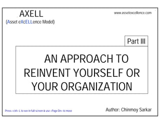 AXELL
                                                                Asset Excellence: An Approach to Reinvent Yourself
                                                                             www.assetexcellence.com

 (Asset eXcELLence Model)



                                                                                         Part III

                     AN APPROACH TO
                 REINVENT YOURSELF OR
                  YOUR ORGANIZATION
                                                                      Author: Chinmoy Sarkar
 Press <ctrl> L to see in full screen & use <Page Dn> to move
AXELL – Asset Excellence Model
 