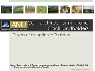 Contract tree farming and  Small landholders: Drivers of adoption in Thailand Source: Boulay, Axelle. 2010. Contract tree farming and smallholders: Drivers of adoption in Thailand, PhD Thesis, Australian National University, Australia [email_address] 