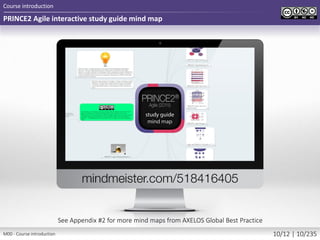 PRINCE2 Agile interactive study guide mind map
Course introduction
See Appendix #2 for more mind maps from AXELOS Global Best Practice
M00 - Course introduction 10/12 | 10/235
 