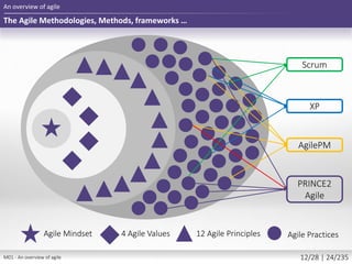 The Agile Methodologies, Methods, frameworks …
An overview of agile
Scrum
XP
AgilePM
PRINCE2
Agile
Agile PracticesAgile Mindset 4 Agile Values 12 Agile Principles
M01 - An overview of agile 12/28 | 24/235
 