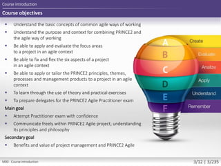 Course objectives
 Understand the basic concepts of common agile ways of working
 Understand the purpose and context for combining PRINCE2 and
the agile way of working
 Be able to apply and evaluate the focus areas
to a project in an agile context
 Be able to fix and flex the six aspects of a project
in an agile context
 Be able to apply or tailor the PRINCE2 principles, themes,
processes and management products to a project in an agile
context
 To learn through the use of theory and practical exercises
 To prepare delegates for the PRINCE2 Agile Practitioner exam
Main goal
 Attempt Practitioner exam with confidence
 Communicate freely within PRINCE2 Agile project, understanding
its principles and philosophy
Secondary goal
 Benefits and value of project management and PRINCE2 Agile
Course introduction
M00 - Course introduction 3/12 | 3/235
 