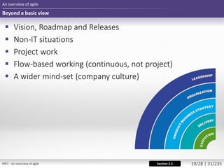  Vision, Roadmap and Releases
 Non-IT situations
 Project work
 Flow-based working (continuous, not project)
 A wider mind-set (company culture)
An overview of agile
Beyond a basic view
Section 2.2M01 - An overview of agile 19/28 | 31/235
 