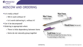 MOSCOW AND ORDERING
•Is it really a Must?
• Will it work without it?
• Is it worth delivering it, without it?
•Can it be decomposed?
•Ordering is appropriate when:
• There is little dependency between items
• Items do not naturally group together
CONFIDENTIAL Guidance reference: Section 25.5.6, Figure 25.2
 