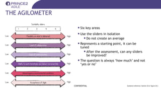 THE AGILOMETER
•Six key areas
•Use the sliders in isolation
•Do not create an average
•Represents a starting point, it can be
tuned
•After the assessment, can any sliders
be improved?
•The question is always ‘how much’ and not
‘yes or no’
CONFIDENTIAL Guidance reference: Section 24.4, Figure 24.1
 